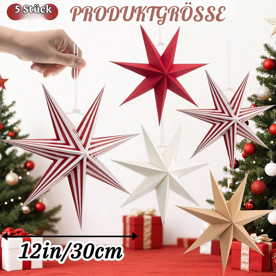 Weihnachts Papiersterne Ornamente Set - 5 Stück 3D Faltbare Hängende Sterne in Rot, Weiss, Braun und