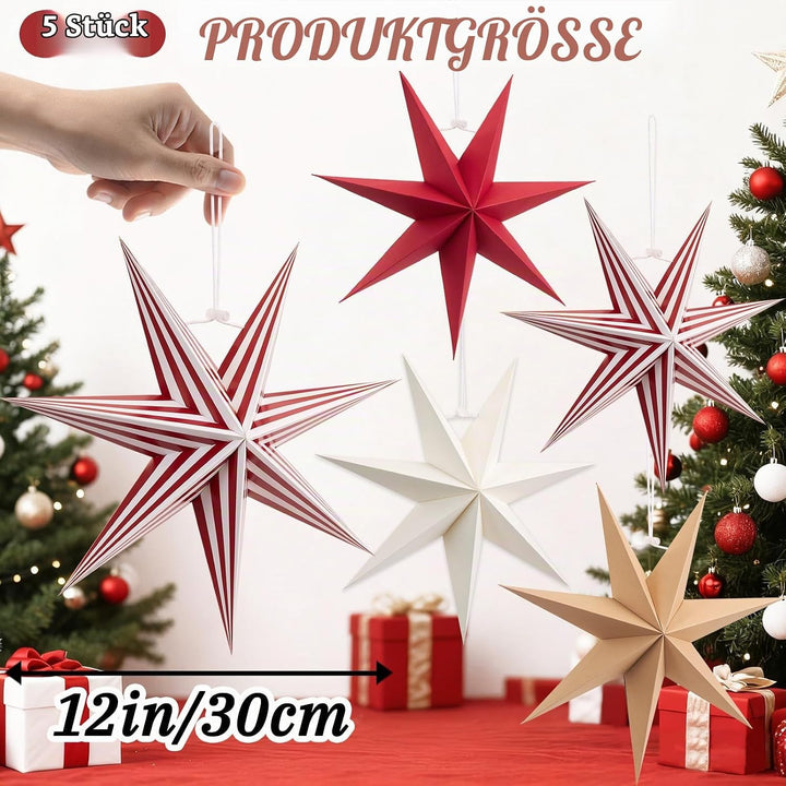 Weihnachts Papiersterne Ornamente Set - 5 Stück 3D Faltbare Hängende Sterne in Rot, Weiss, Braun und