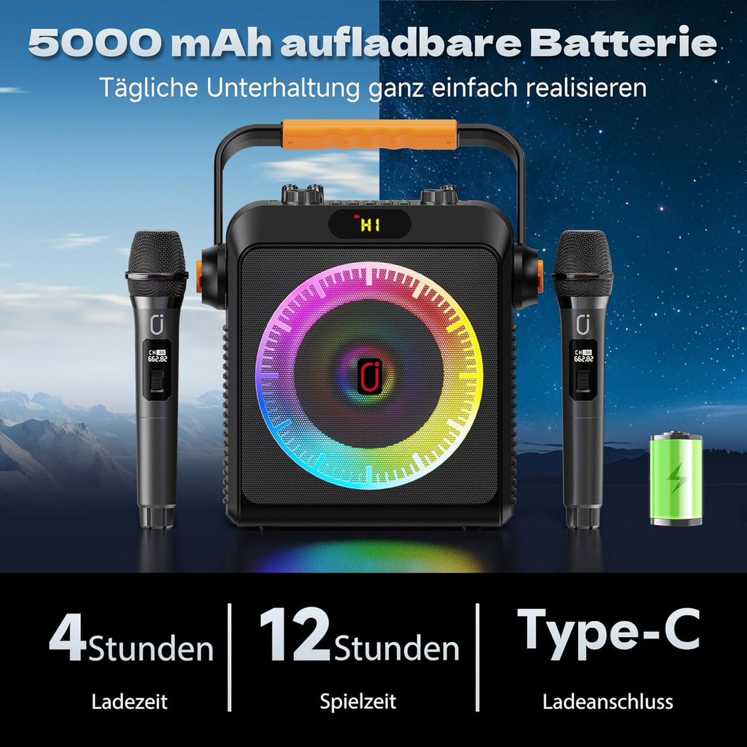 JYX Karaoke Machine mit 2 Mikrofones, Tragbaren Bluetooth Lautsprecher mit RGB-Licht, Karaoke Anlage