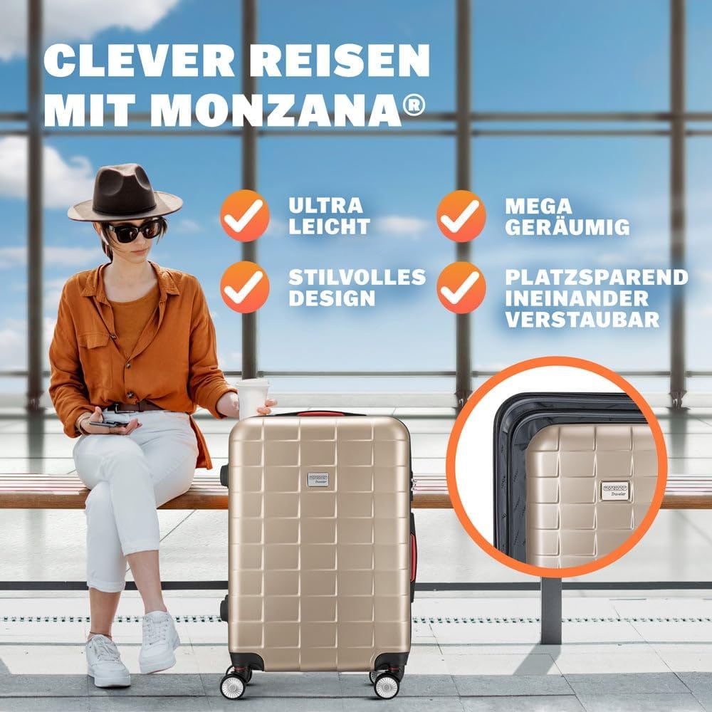 Monzana Exopack 3er Set Koffer | Champagner M, L, XL | TSA Schloss, Gel-Griff | Reisekoffer Rollkoff