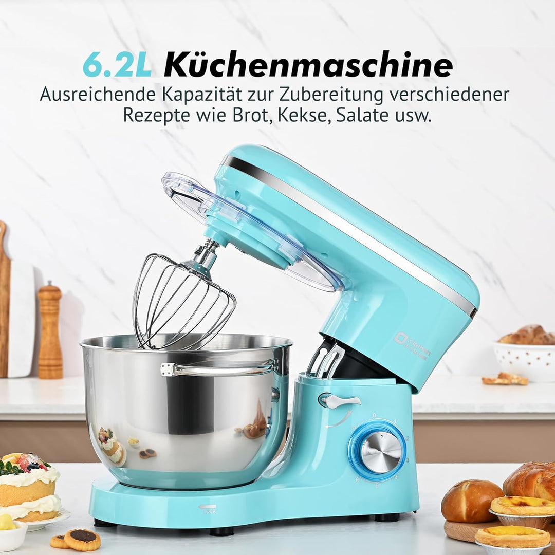 Kitchen in the box Küchenmaschine, 6,2 L Knetmaschine 1400 W, 6 Geschwindigkeits Teigmaschine mit Rü