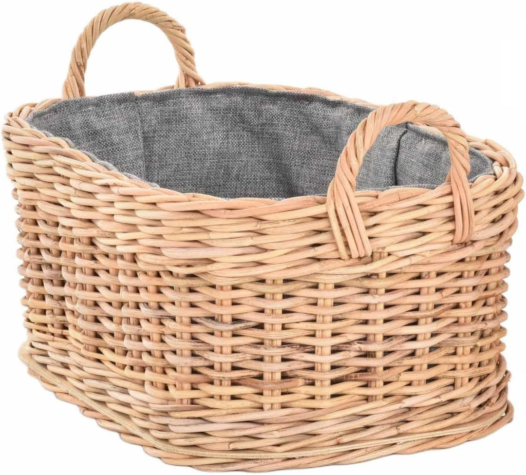 Holzkorb für Kaminholz Rattan geflochten mit Griffen und Stoff Tragekorb Holz (Hell Natur, 55x42cm)