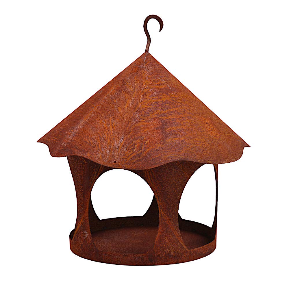 Vogelhaus Futterstelle rund Metall Rost Deko mit Haken zum Aufhängen 28cm/20cm Durchmesser 35 cm hoc