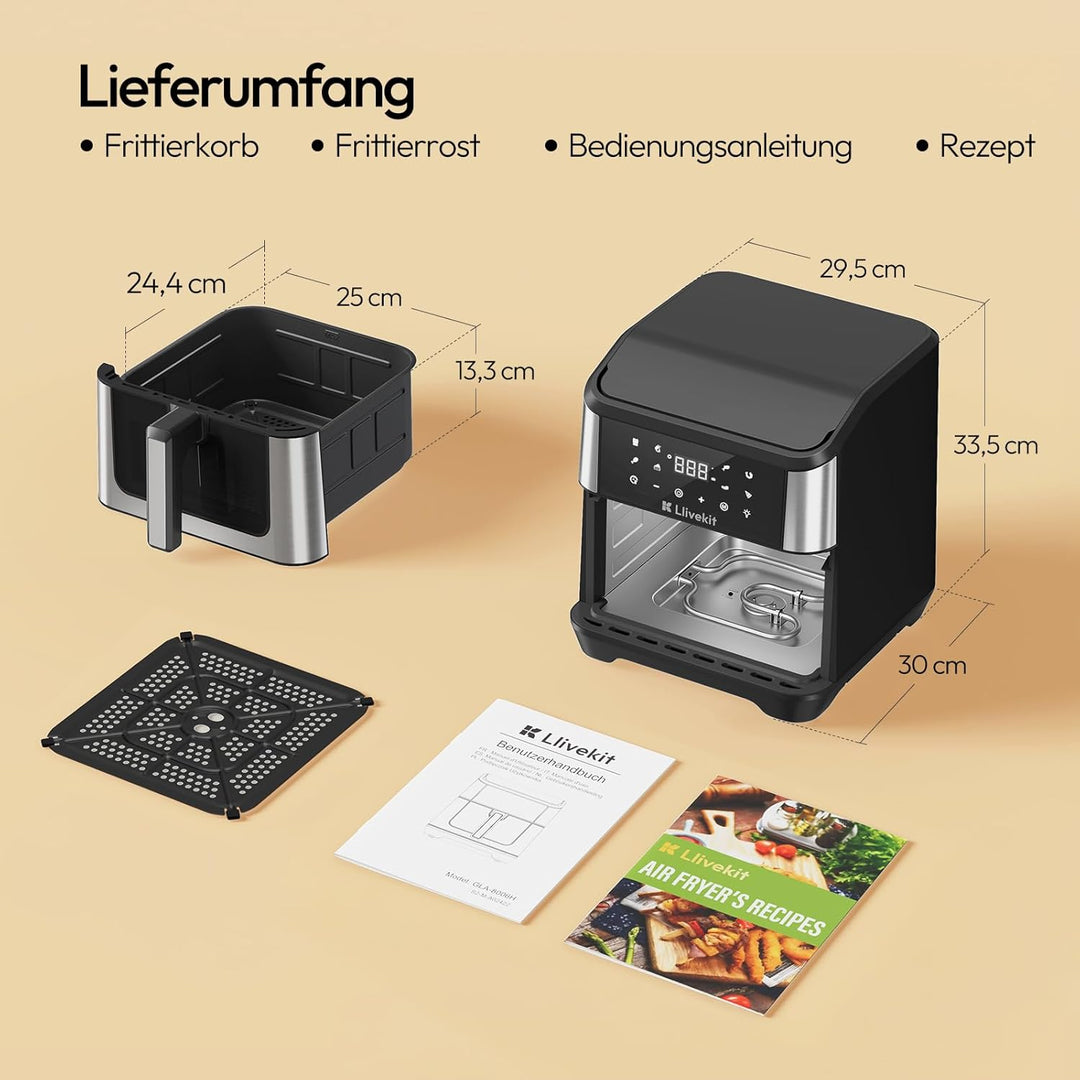 LLIVEKIT Heissluftfritteuse XXL 8,5L mit Doppelheizquelle, Airfryer mit 360° Heissluftzirkulation, 9