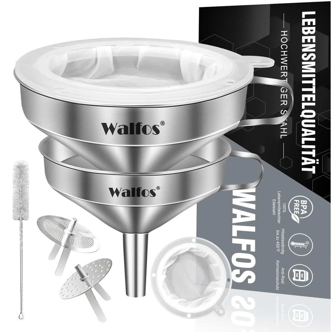 Walfos Trichter aus Edelstahl und 200 Mesh Filter Jam Straining mit 2 abnehmbaren Sieben ＆ 1Pc Reini