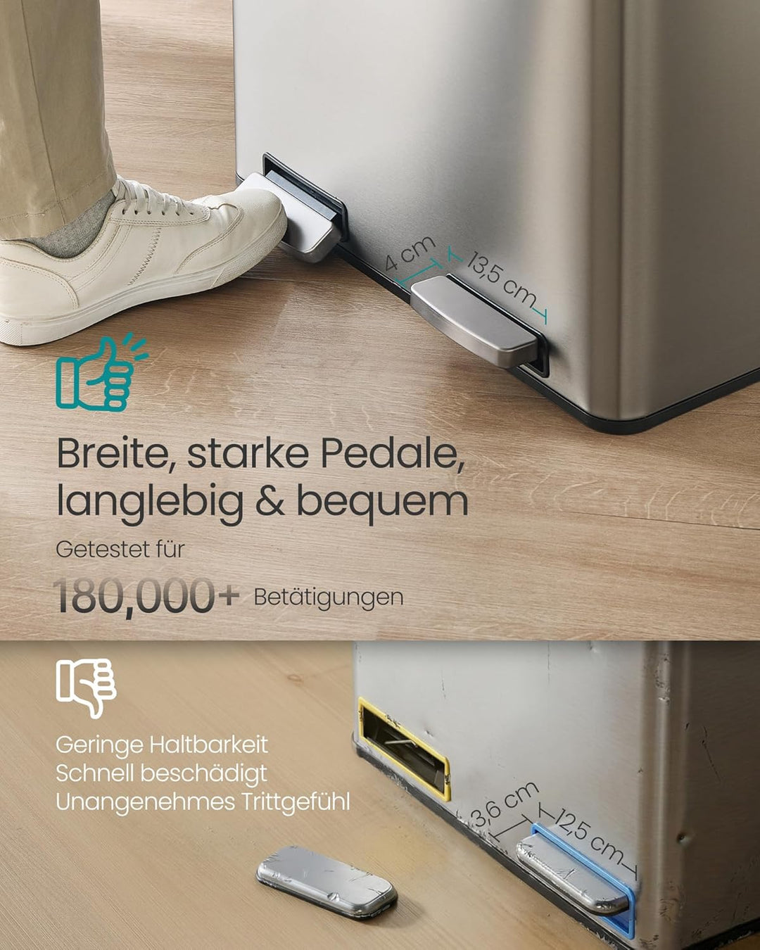 SONGMICS Mülleimer Küche, 2 x 30 L, Mülltrennsystem 2 Fächer, Abfalleimer mit 15 Müllbeuteln, Tretmü