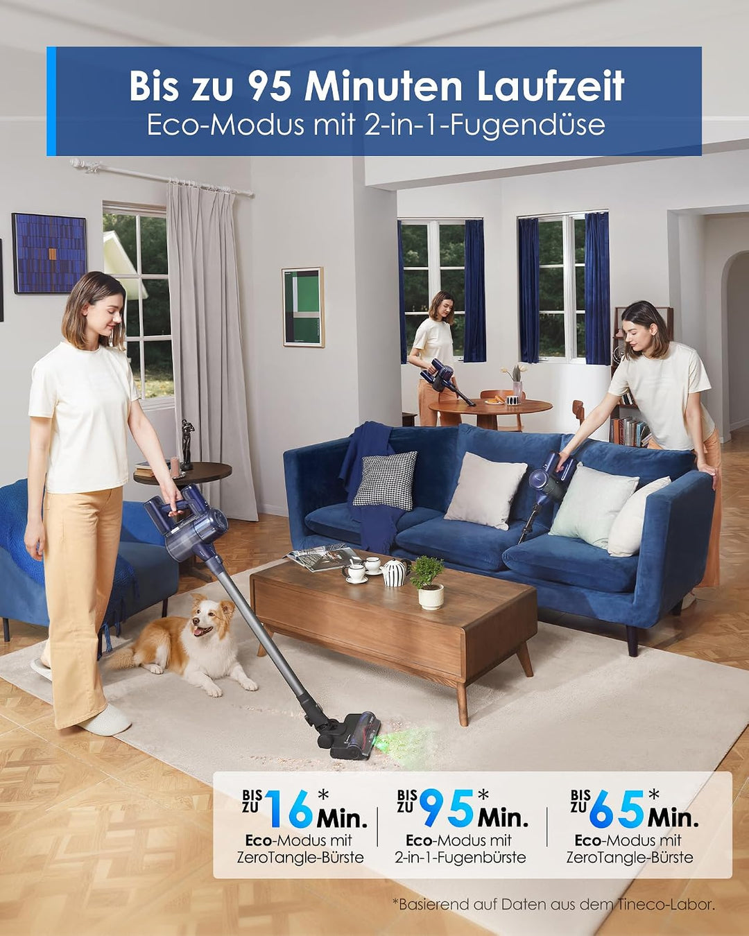 Tineco Pure ONE S50 Kabelloser Akku Staubsauger, 150AW Saugleistung, bis zu 95 Min. Laufzeit, ZeroTa