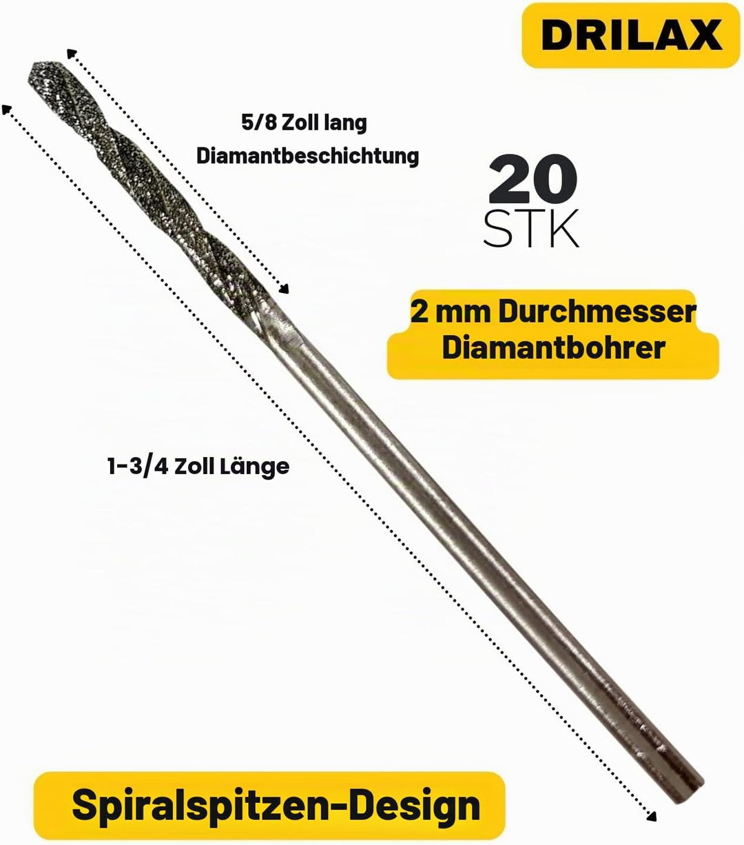 Drilax 2mm Diamantbohrer Set – Diamantbeschichtete Mikro Bohrer für Schmuck, Glas, Muscheln, Edelste