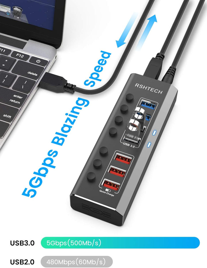 RSHTECH Aluminium USB Hub Aktiv 3.0 mit 36W Netzteil, mit 3*Schnellladeanschluss, 4*USB 3.0 Datenans