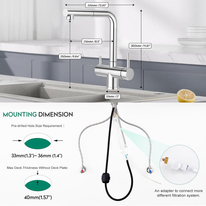 CREA 3 Wege Wasserhahn Küche mit Brause, 360° Drehbar Küchenarmatur, Drei Wege Mischbatterie für Was