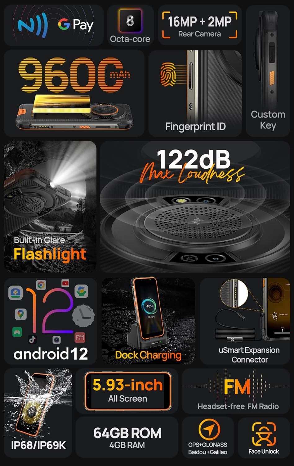 Ulefone Armor 16 PRO Android 12 Outdoor Handy Ohne Vertrag, 122Db Lautsprecher, 9600mAh Akku, Glare