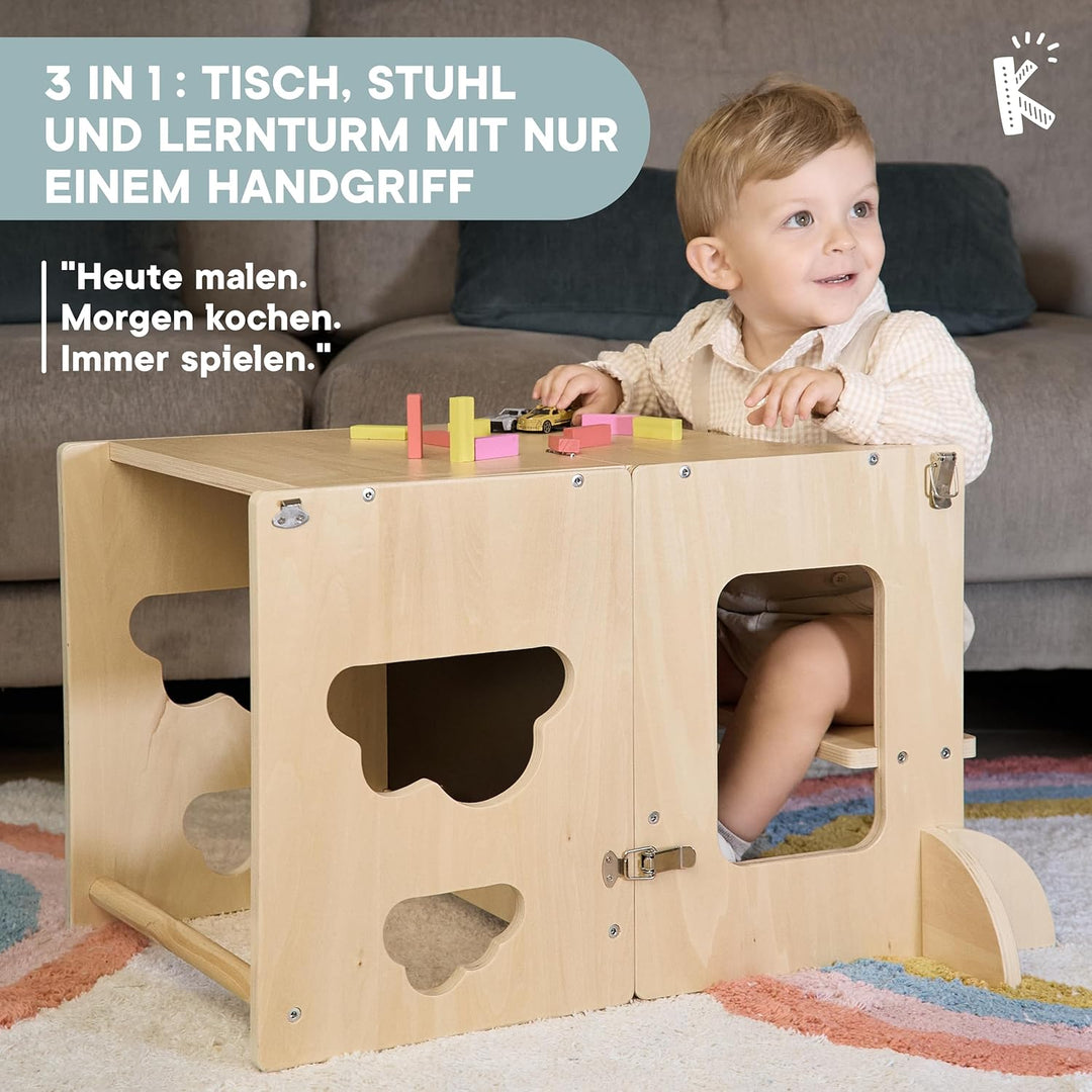 Lernturm ab 1 Jahr klappbar – Lernturm klappbar 3 in 1 Premium: wandelbar zum Schreibtisch mit Tafel