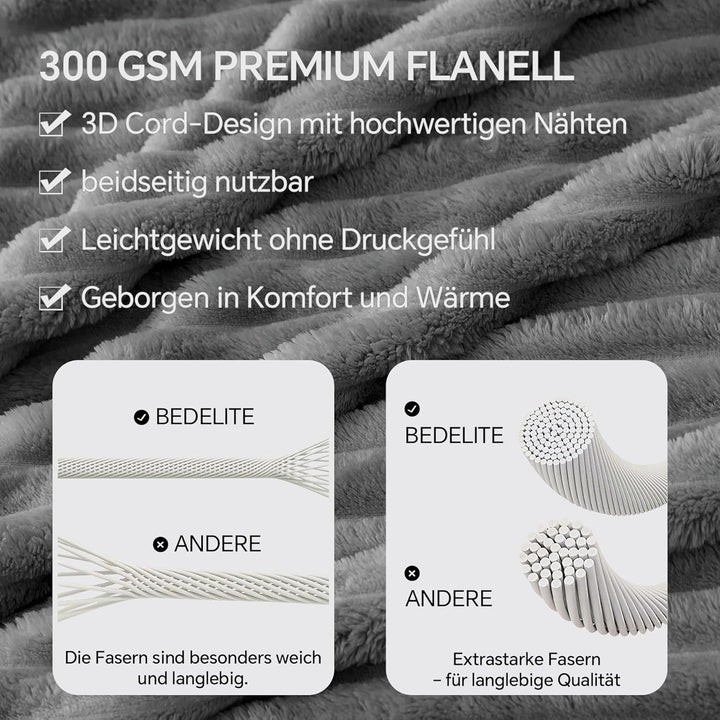BEDELITE Kuscheldecke Flauschig Decke 150x200 - weiche XL Flanell Decken Grau für Couch, Deko Streif