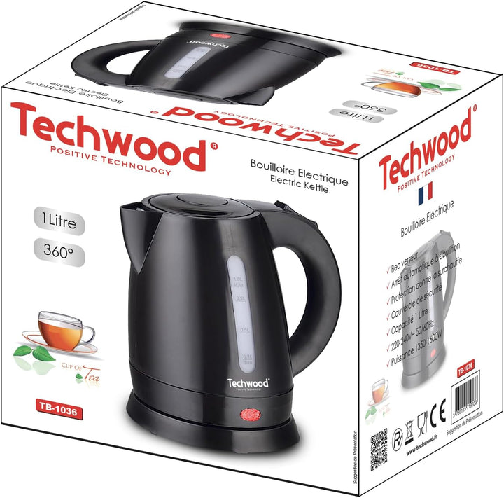 Techwood TB-1036 Elektrischer Wasserkocher, 1 l, Schwarz