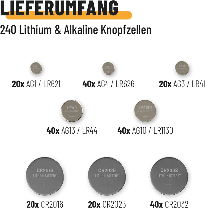 ABSINA 240er Pack Alkaline & Lithium Knopfzellen - 20x AG1 / 20x AG3 / 40x AG4 / 40x AG10 / 40x AG13