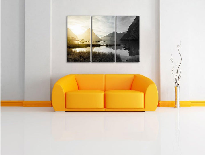 Pixxprint Milford Sound Neuseeland als Leinwandbild/Grösse: 3 Teilig (120x80 cm) cm/Wandbild/Kunstdr