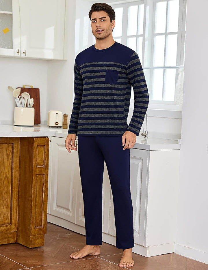Irdcomps Schlafanzug Herren Pyjama Lang Winter Baumwolle Nachtwäsche Männer Set Langarm Gestreift L