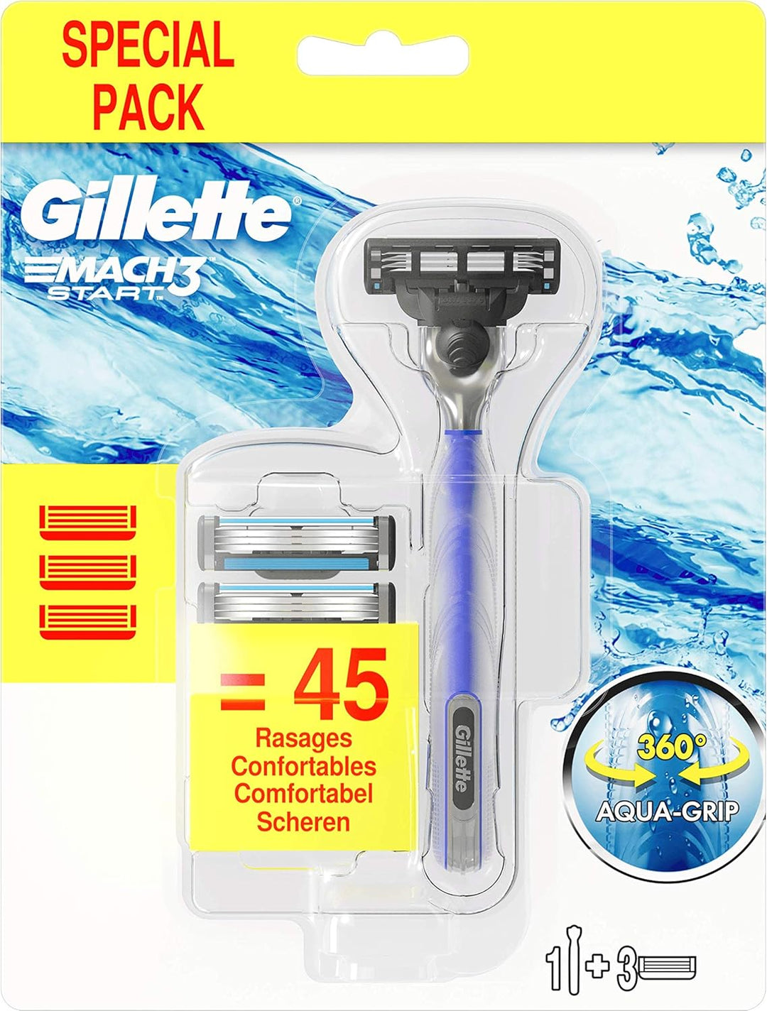 Gillette Mach3 Start Rasierer Herren, langanhaltender Komfort, Rasierer + 3 Rasierklingen Nachfüllpa