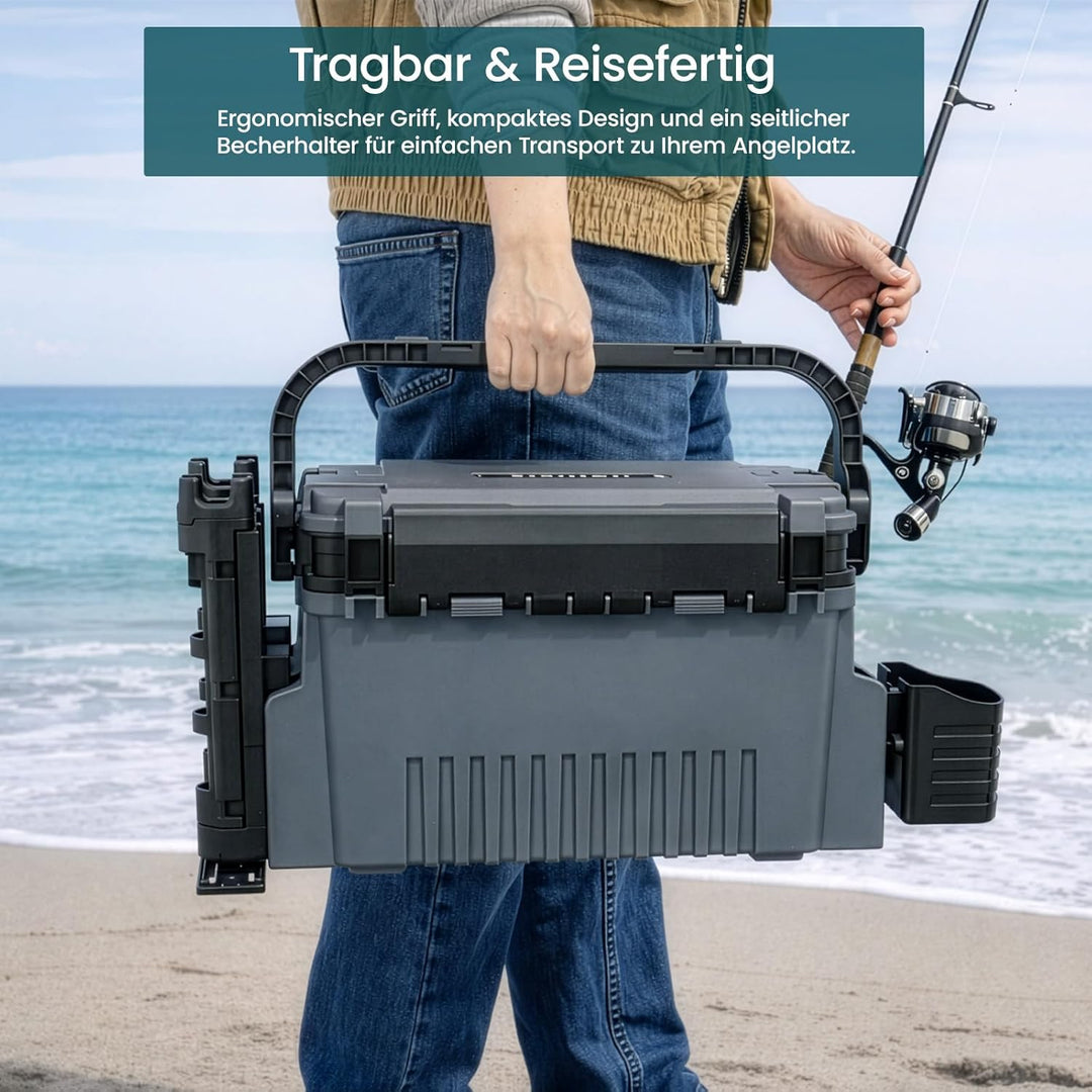 2-stöckig Gross Angelkoffer Tackle Box mit Rutenhalter & Becherhalter, klappbarem Tragegriff, 43×23×