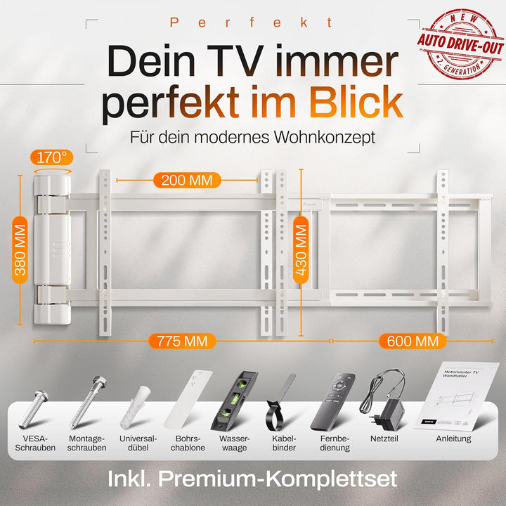 EasyLife – Elektrische, Schwenkbare TV-Wandhalterung mit Auto-Drive-Out, Ultraschlank 56mm, leiser M