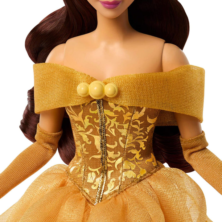 Mattel Disney Princess Glitzerprinzessin Belle-Modepuppe mit Zubehör, mit abnehmbarem Kleid, abnehmb