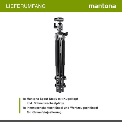 Mantona Basic Scout Fotostativ, Kamerastativ bis 144cm, inkl. robuster Kugelkopf, Wasserwaage, umkeh