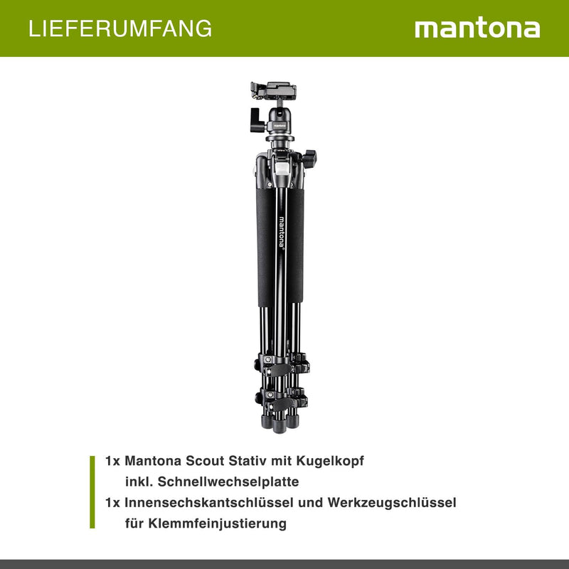 Mantona Basic Scout Fotostativ, Kamerastativ bis 144cm, inkl. robuster Kugelkopf, Wasserwaage, umkeh