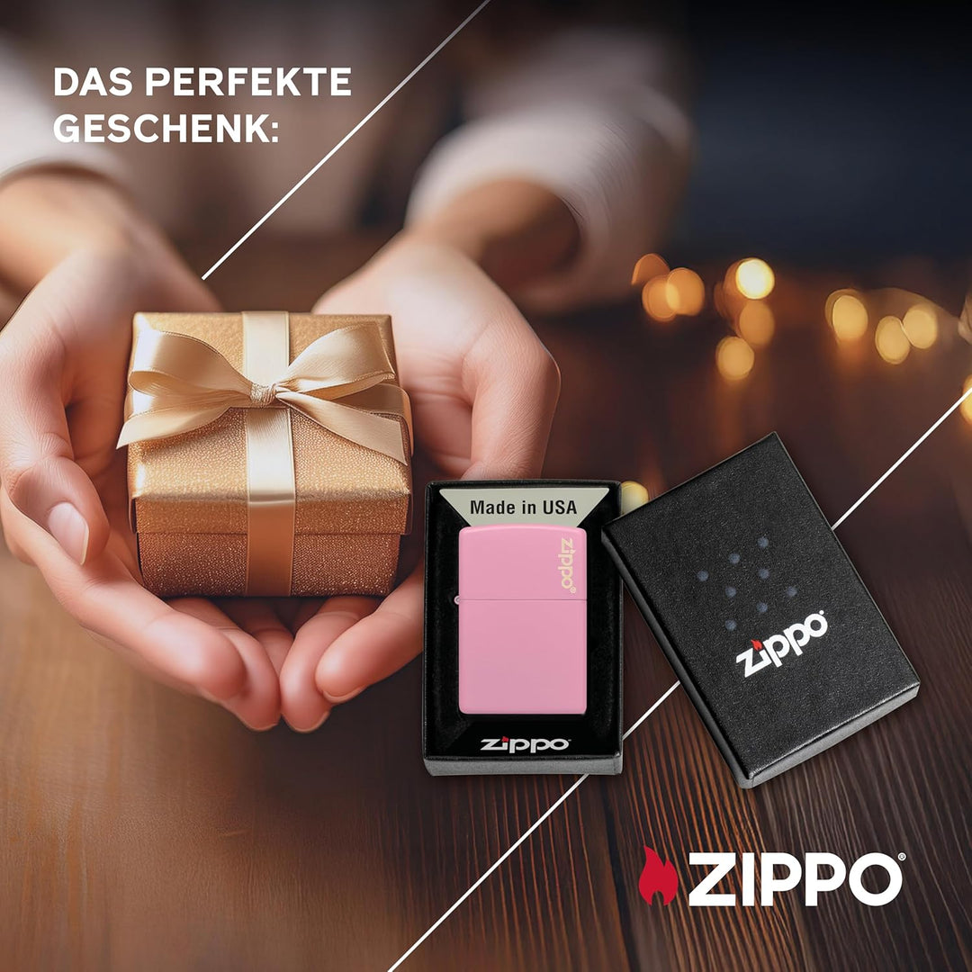 ZIPPO - Pink Matte mit Logo - nachfüllbares Sturmfeuerzeug in hochwertiger Geschenkbox (Flammenmotiv