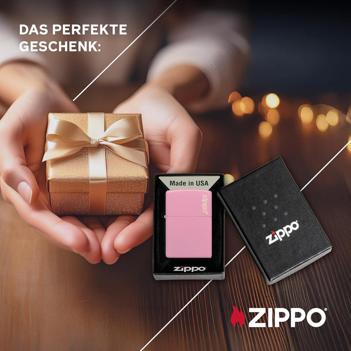 ZIPPO - Pink Matte mit Logo - nachfüllbares Sturmfeuerzeug in hochwertiger Geschenkbox (Flammenmotiv