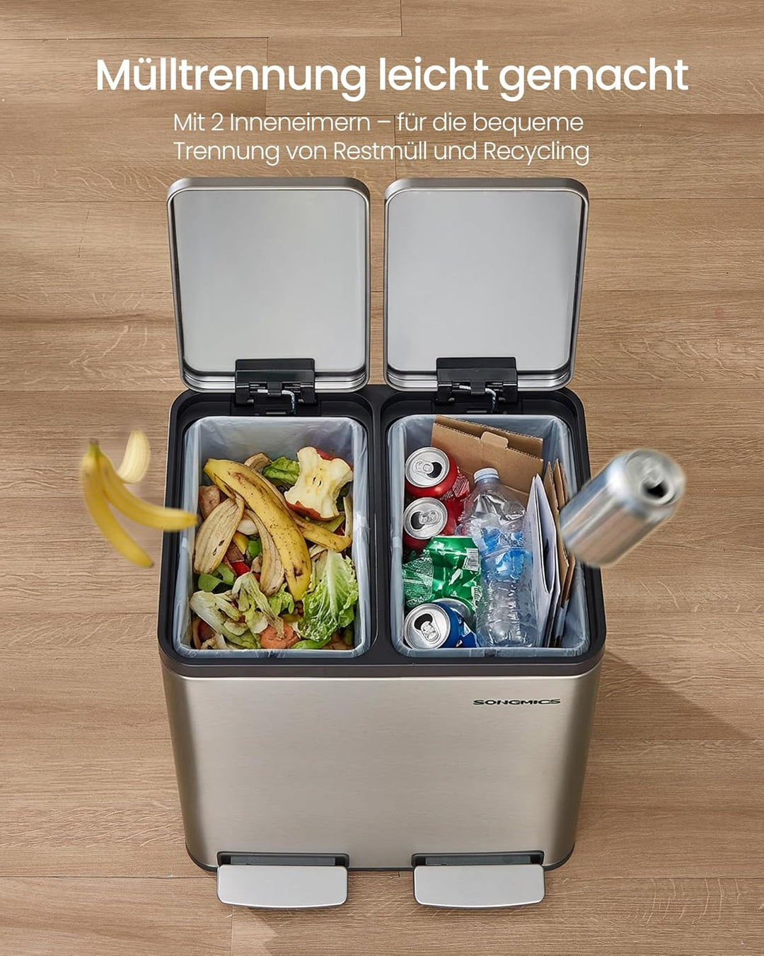 SONGMICS Mülleimer Küche, 2 x 15 L, Mülltrennsystem 2 Fächer, Abfalleimer mit 15 Müllbeuteln, Tretmü