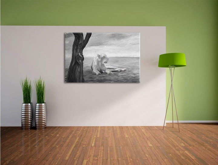 Pixxprint Löwin Ruhe Savanne Kunst als Leinwandbild/Grösse: 100x70 cm/Wandbild/Kunstdruck/fertig bes