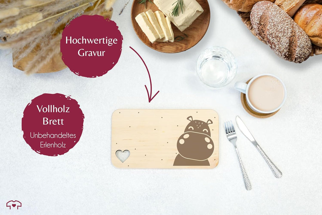 Frühstücksbrettchen Holz Herz - Frühstücksbrett Nilpferd I Frühstück Geschenk I Flusspferd - 22,5x12