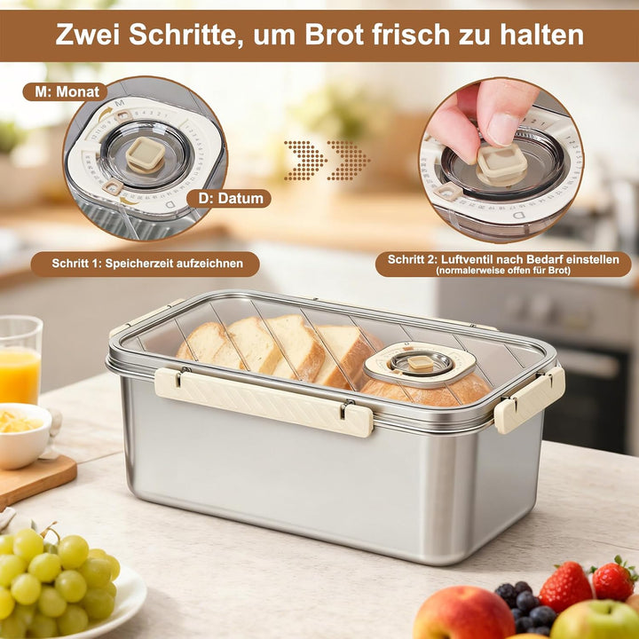 Brotkasten, Brotaufbewahrung Brotbox Küche für Frische, Brotkasten aus Edelstahl mit Zeitaufzeichnun