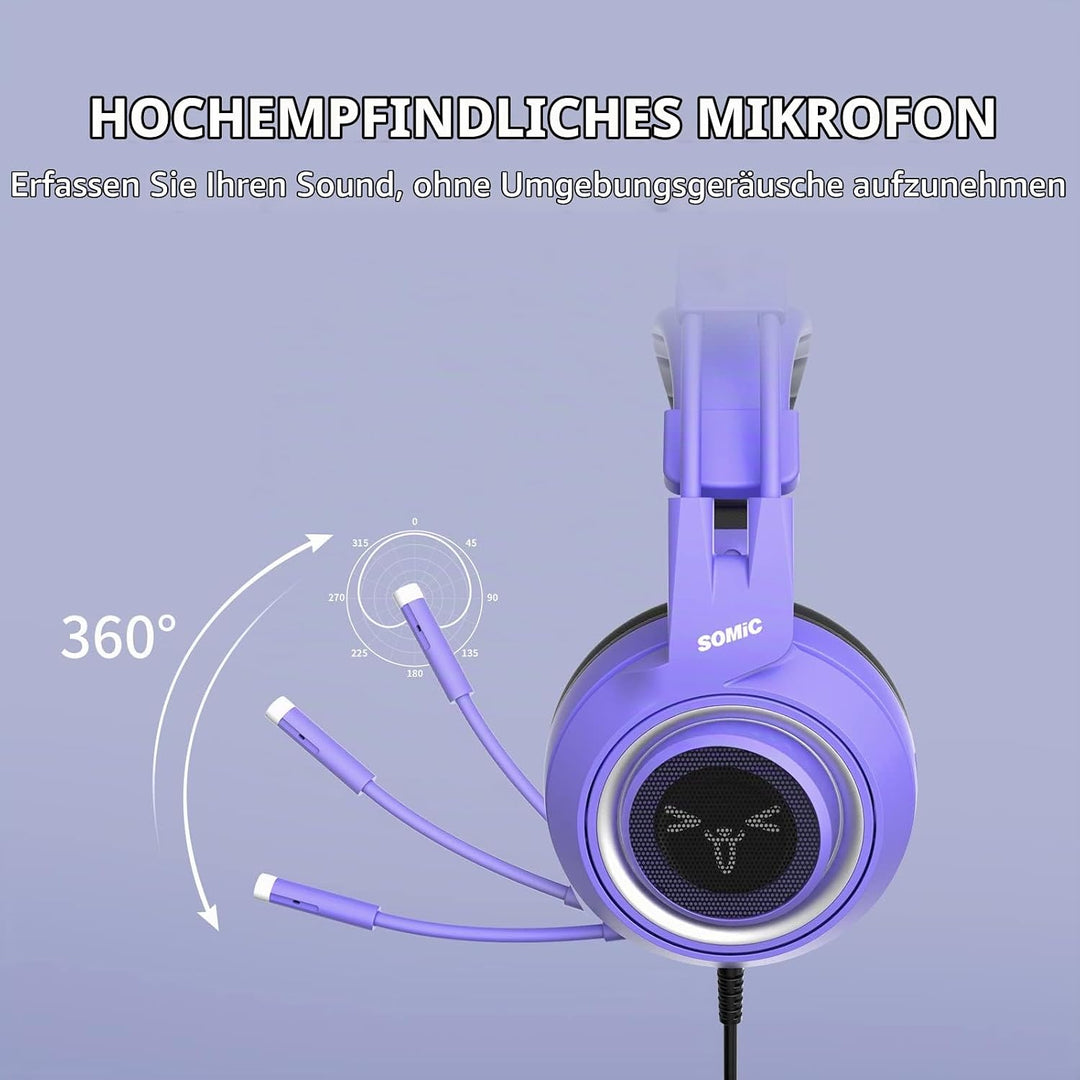 SOMiC G951S Violett Gaming Headset mit Mikrofon, Mädchen, Frauen Abnehmbarer Cat-Ear-Kopfhörer mit L