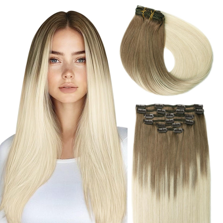 SURNEL Clip in Haarverlängerung Echthaar Balayage Blonde 18 Zoll/45 cm Echthaar Clip In Extensions B