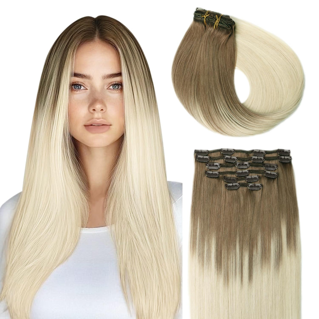 SURNEL Clip Extensions Echthaar Blond Echthaar Clip in Extensions Farbe Hellbraun Mit Platinblond 22