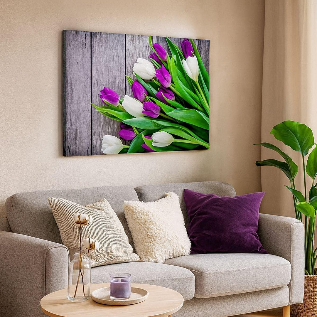 Bilder auf Leinwand 100x70cm Leinwandbild Tulpen Holz Blumenstrauss Blumen Gross Wanddeko Bild Schla