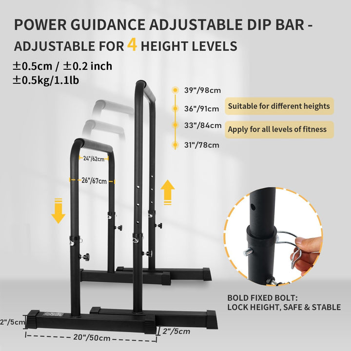 POWER GUIDANCE Dip Barren Dip Bar Quadratische breite Stützfüsse Einstellbare Höhe 77cm 84cm 91cm 98