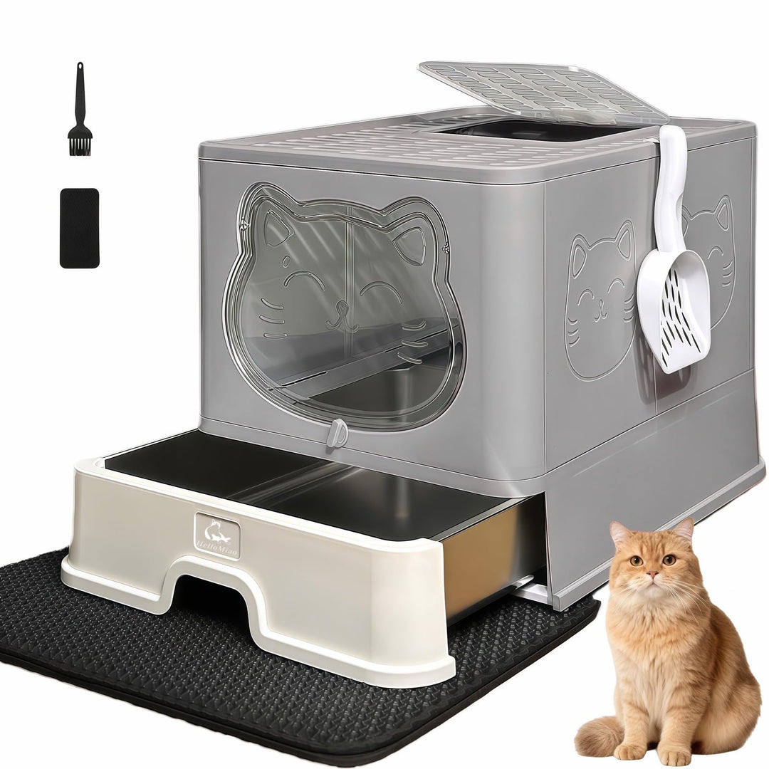Geschlossenes Katzenklo mit Dach/Deckel & rostfreier Edelstahl-Schublade - Katzentoilette mit Aktivk