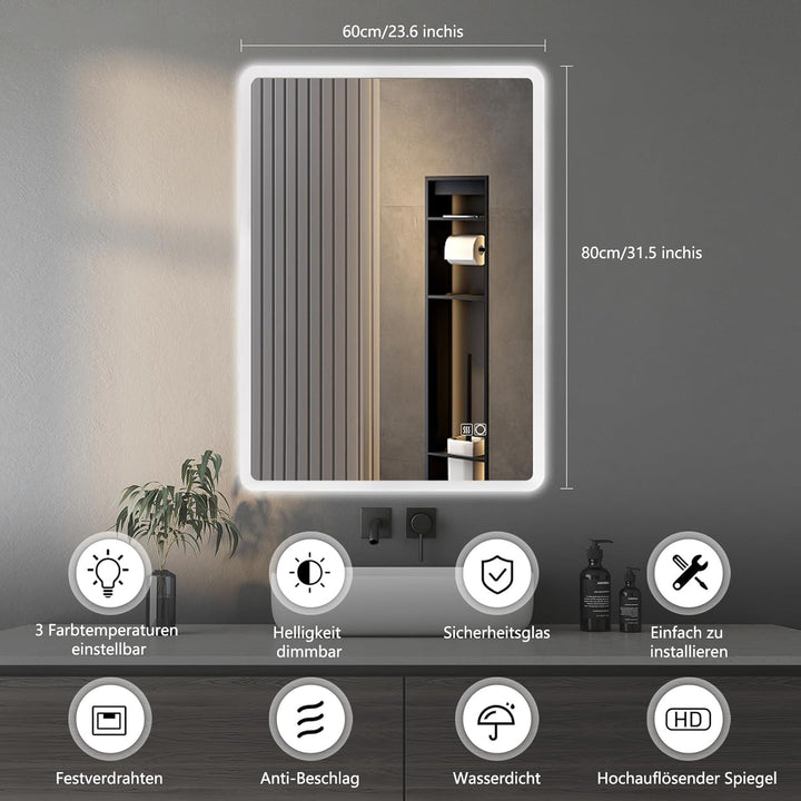 LED Badezimmerspiegel 80x60 cm, dimmbar, beschlagfrei, IP44 3 Lichtfarbe + Dimmbar 80L x 60B cm, 3 L