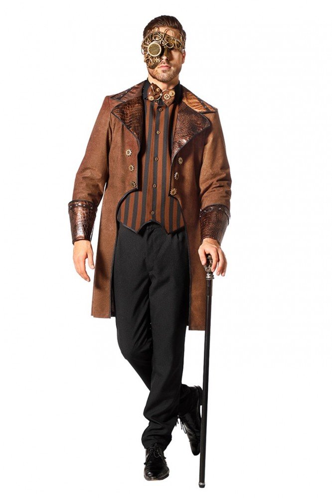 shoperama Brauner Steampunk Herren Mantel mit Schlangenmuster und gestreifte Weste Kostüm Jacke vikt