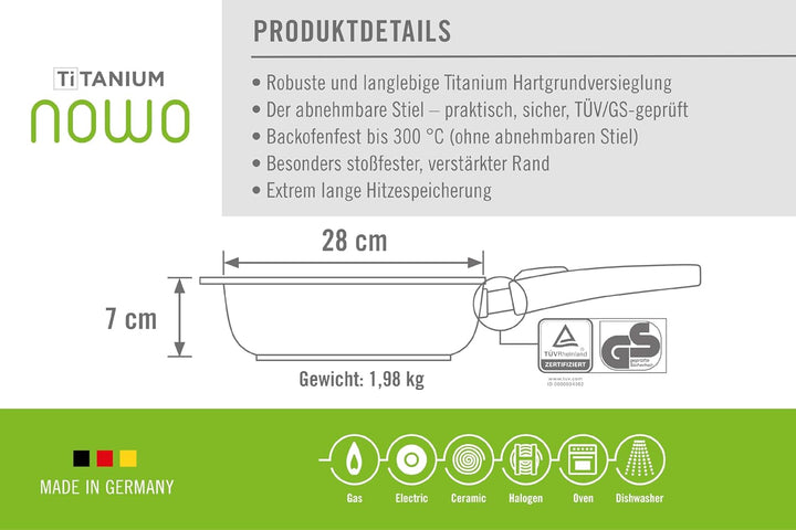 Woll Nowo Titanium Hochrandpfanne, Ø 28 cm, 7 cm hoch, mit abnehmbarem Stiel - Geeignet für Ceran, G