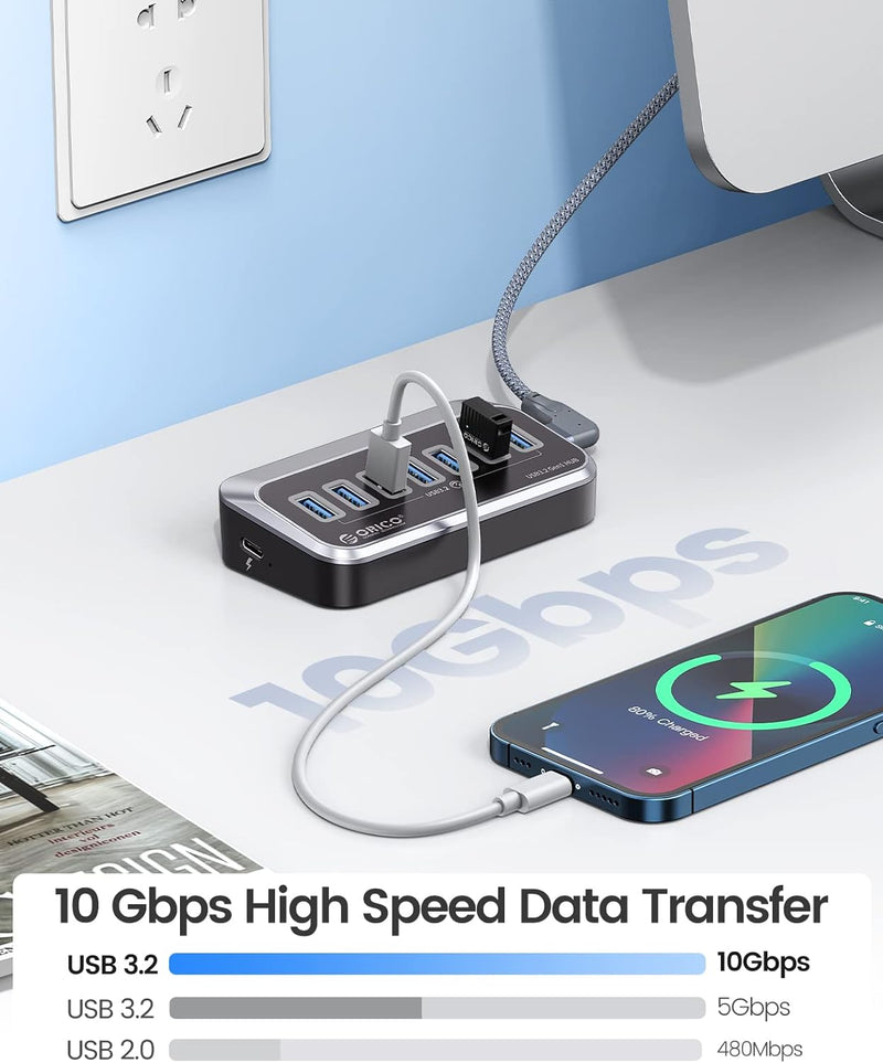 USB C Hub, ORICO 7 Port USB C Hub, 10Gbps, ABS USB Splitter mit 1 M Datenkabel, USB Verteiler für Ma