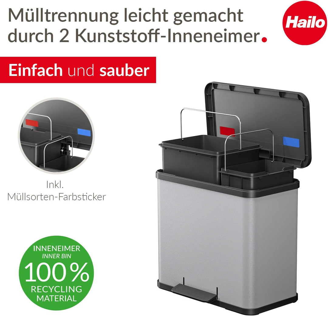 Hailo Öko duo Plus L Tret-Mülltrenner - freistehender 17+9 Liter Doppelmülleimer aus Stahlblech - Mü