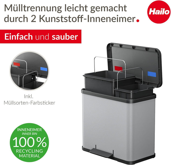 Hailo Öko duo Plus L Tret-Mülltrenner - freistehender 17+9 Liter Doppelmülleimer aus Stahlblech - Mü
