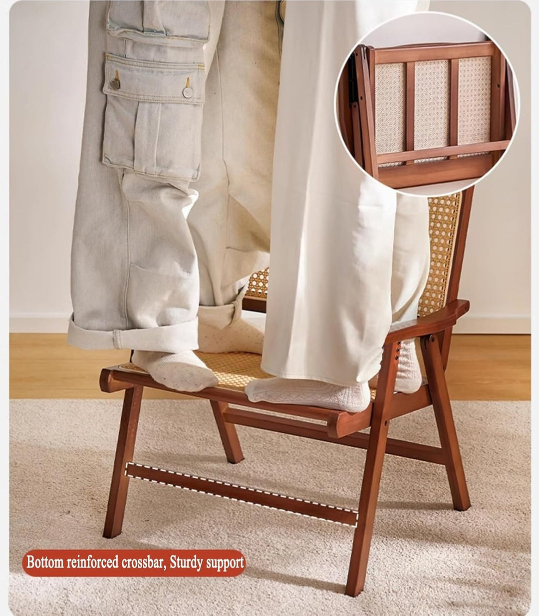 Mgchowue Holz Rattan Klappstühle, mit Polster, Tragbar Platzsparend Freizeitstuhl für Balkon und Woh