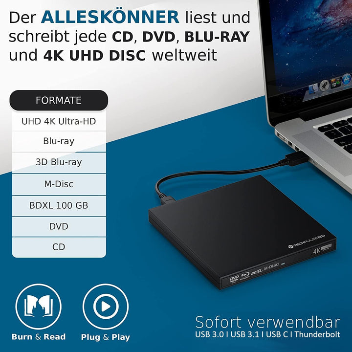 techPulse120 Externes UHD 4k 3D M-Disc BDXL USB 3.0 USB-C Laufwerk Blu-ray Brenner Burner Superdrive