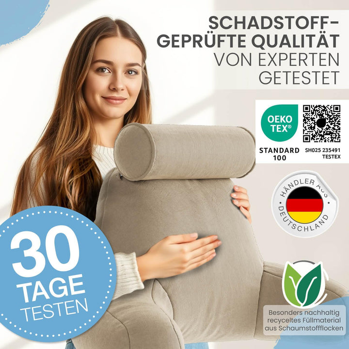 ELONEO Rückenkissen, Lesekissen für Bett und Sofa mit Armlehnen und Abnehmbarer Nackenrolle – Ideal