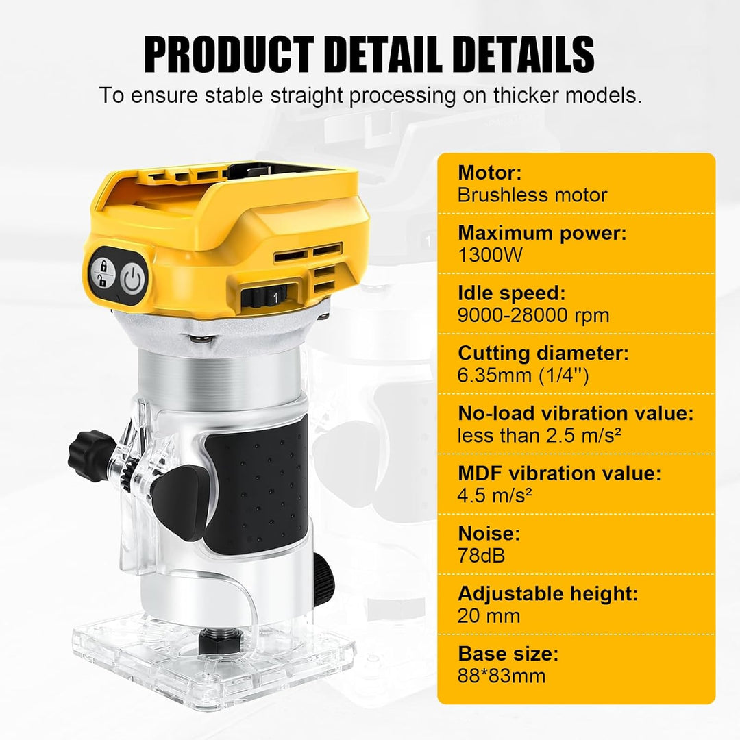 Akku Oberfräse kompatibel mit Dewalt 18V Akku, 1300W Oberfräse Trimmer Einhandfräse, Bürstenloser Ka