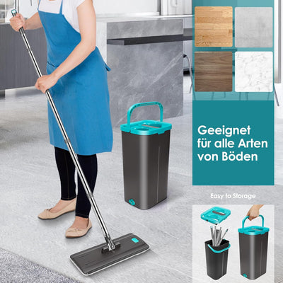Myiosus Flacher Wischmopp Set mit Eimer, 2 in 1 Putzeimer mit Wischmop mit 144 cm Edelstahlgriff, 6